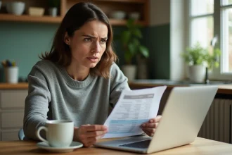 Femme vérifiant un prélèvement inconnu REMISEREDUCH sur son relevé bancaire en ligne depuis son domicile