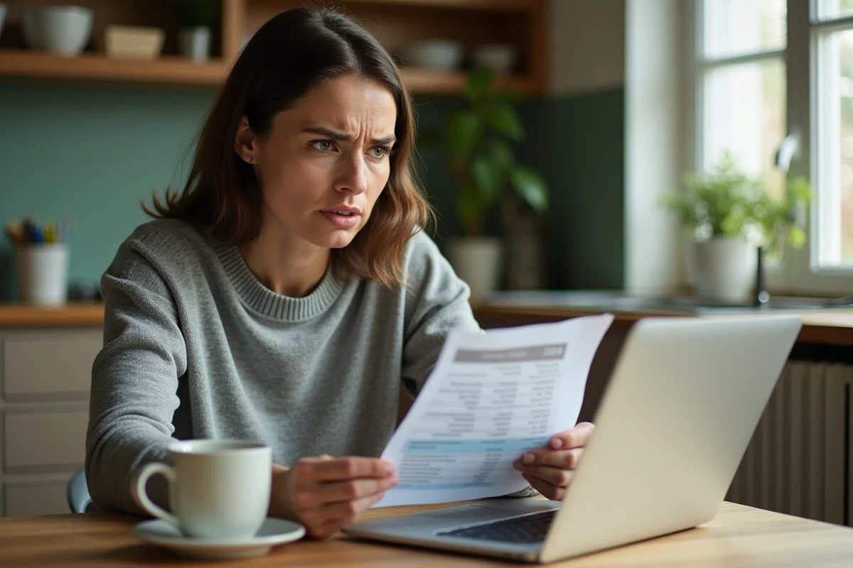 Femme vérifiant un prélèvement inconnu REMISEREDUCH sur son relevé bancaire en ligne depuis son domicile