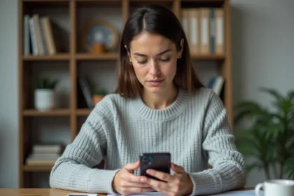 Femme vérifiant un virement instantané Caisse d'Épargne sur son smartphone depuis son bureau à domicile