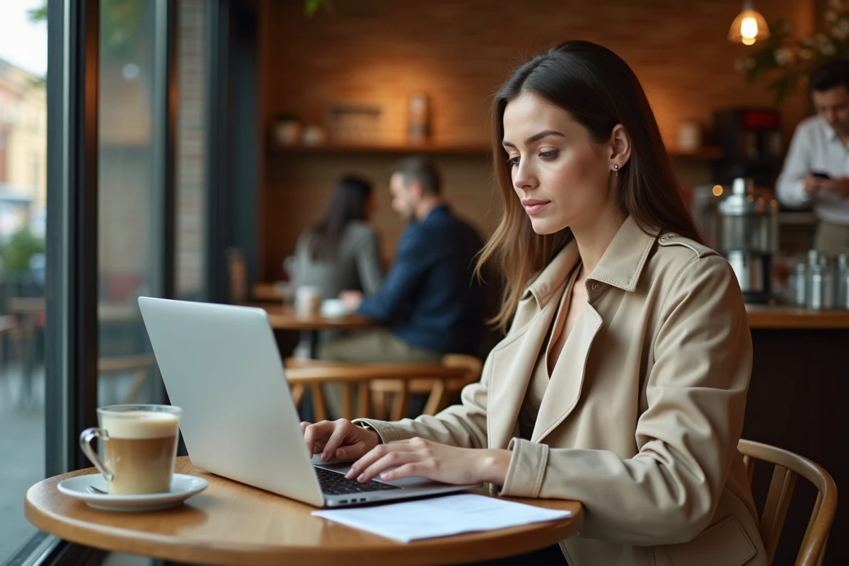 Femme vérifiant un virement bancaire en temps réel sur ordinateur portable dans un café avec relevé papier