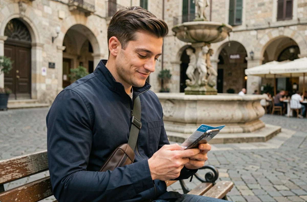 Voyageur consultant son assurance ACS sur smartphone dans une ville européenne à l'étranger
